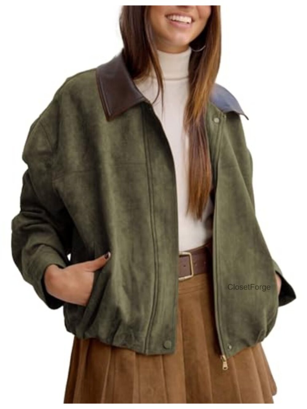 Faux Suede Bomber Jacket Casual Zip Up Oversized Cropped Outerwear